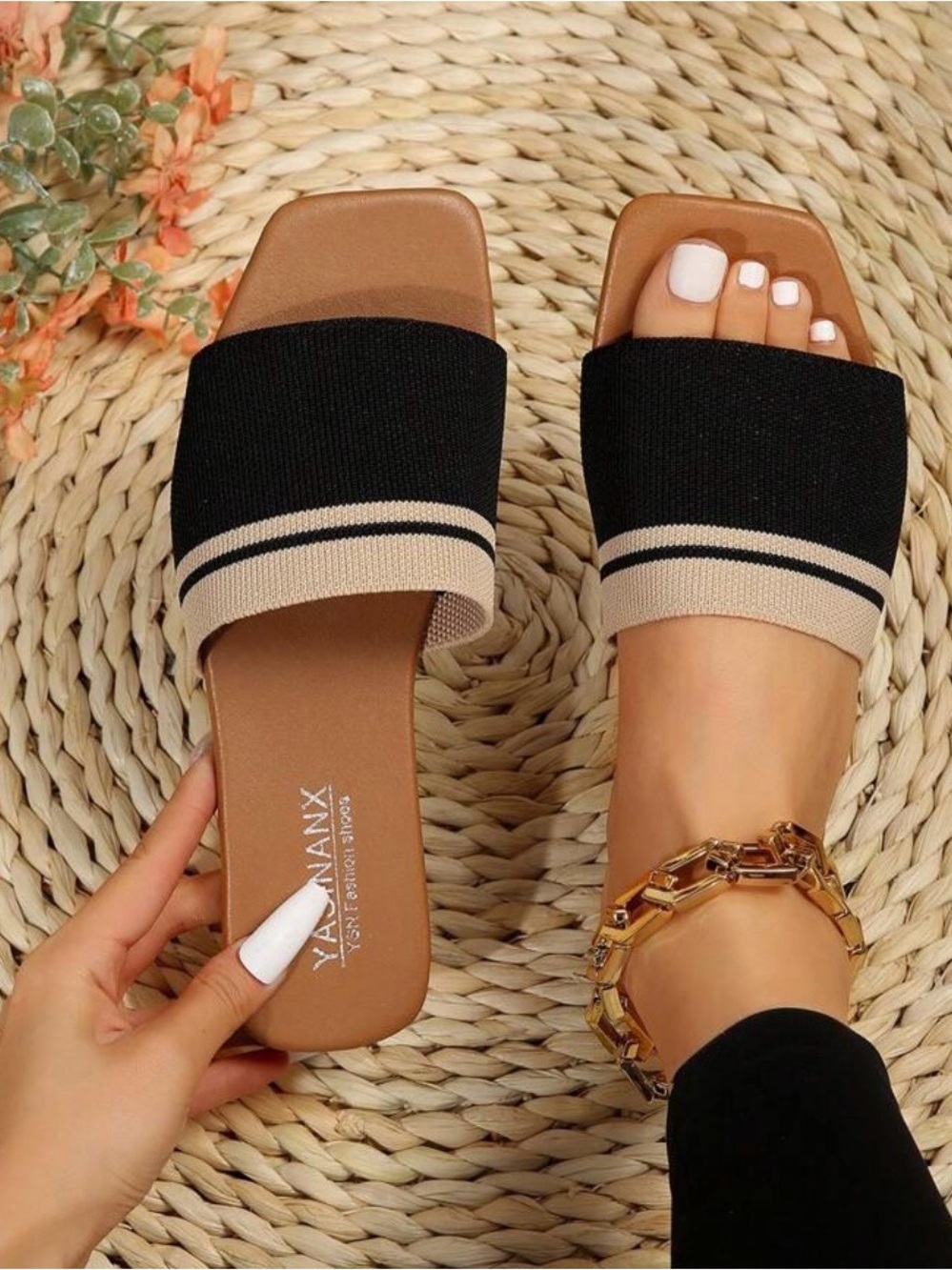 Black & Tan Knit Slide Sandals 8